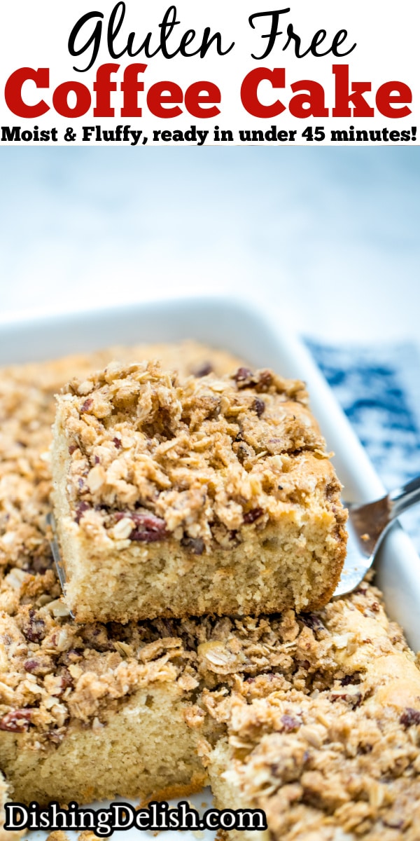 Pinterest pin of a spatula holding a piece of gluten free coffee cake over the baking dish.