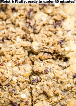 Pinterest pin of a baking dish full of coffee cake with a pecan streusel topping.