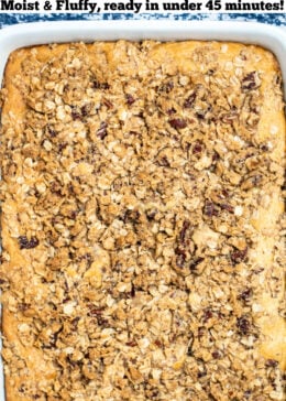 Pinterest pin of a baking dish full of coffee cake with a pecan streusel topping.