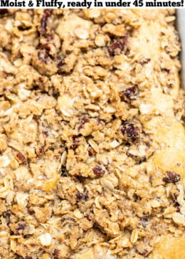 Pinterest pin of a baking dish full of coffee cake with a pecan streusel topping.