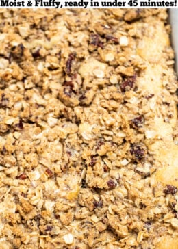 Pinterest pin of a baking dish full of coffee cake with a pecan streusel topping.