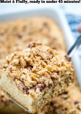 Pinterest pin of a spatula holding a piece of gluten free coffee cake over the baking dish.