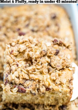 Pinterest pin of a spatula holding a piece of gluten free coffee cake over the baking dish.