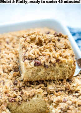 Pinterest pin of a spatula holding a piece of gluten free coffee cake over the baking dish.