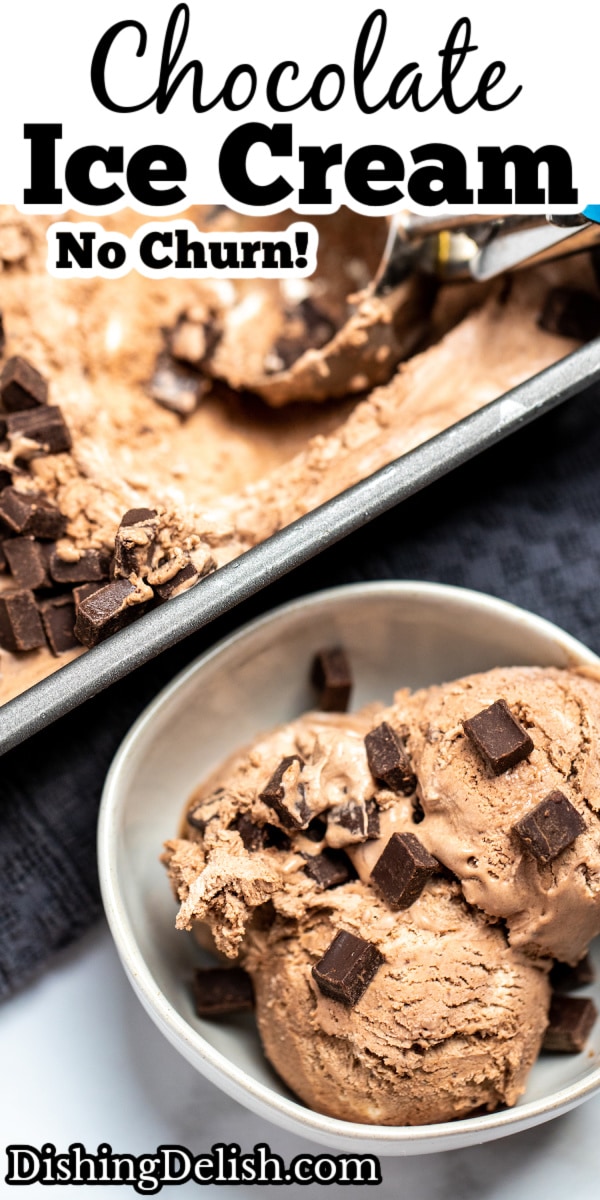 A pinterest pin with a bowl of chocolate ice cream topped with chocolate chunks next to a bread pan of ice cream with an ice cream scoop.