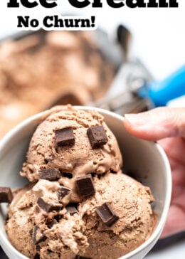 Pinterest pin with a hand holding a bowl of chocolate ice cream topped with chocolate chunks.