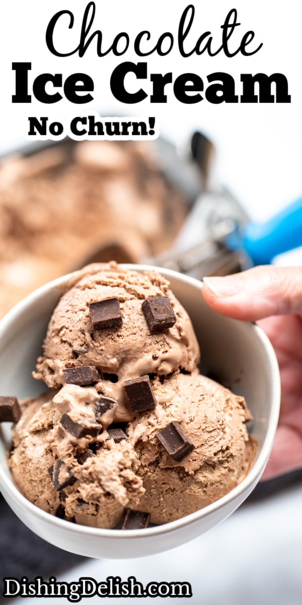 Pinterest pin with a hand holding a bowl of chocolate ice cream topped with chocolate chunks.
