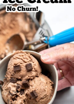 Pinterest pin of a hand holding a bowl of chocolate ice cream topped with chocolate chunks, with a pan of ice cream and an ice cream scoop in the background.