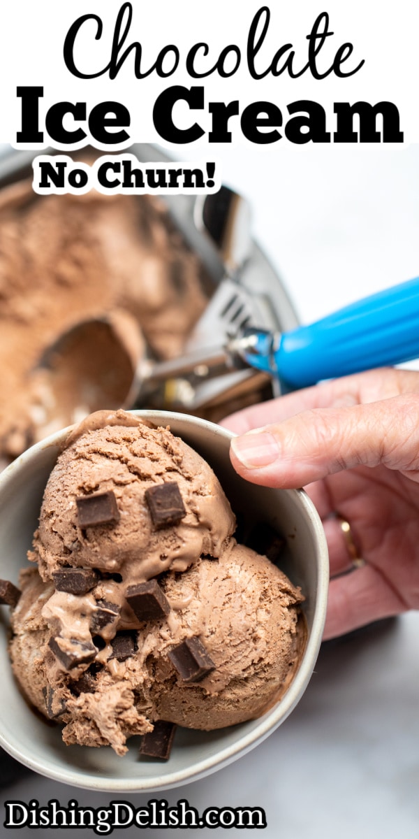 Pinterest pin of a hand holding a bowl of chocolate ice cream topped with chocolate chunks, with a pan of ice cream and an ice cream scoop in the background.