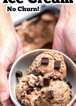 Pinterest pin with two hands holding a bowl of chocolate ice cream topped with chocolate chunks.