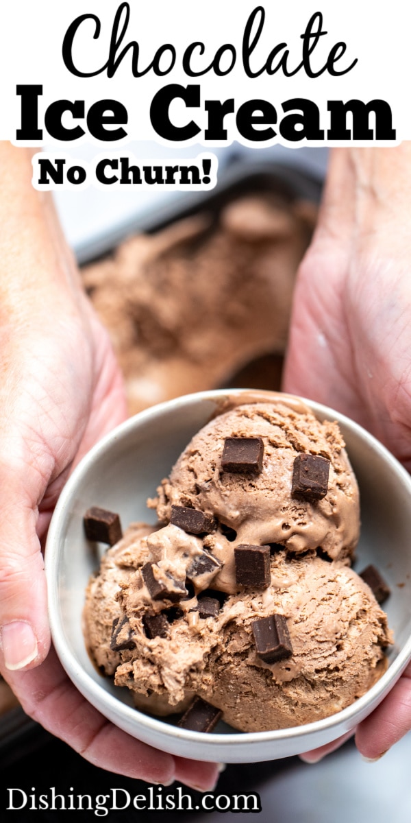 Pinterest pin with two hands holding a bowl of chocolate ice cream topped with chocolate chunks.
