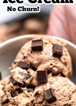 Pinterest pin with a hand holding a bowl of chocolate ice cream topped with chocolate chunks.
