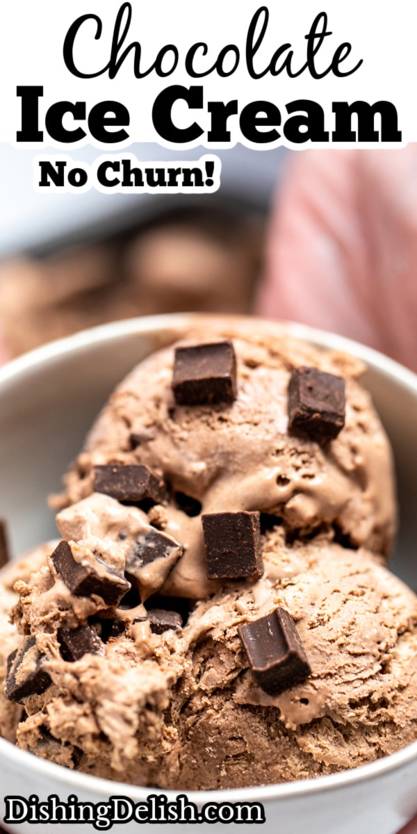 Pinterest pin with a hand holding a bowl of chocolate ice cream topped with chocolate chunks.