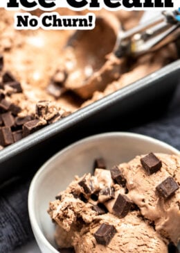 Pinterest pin with a bowl of chocolate ice cream topped with chocolate chunks in front of a pan of ice cream with an ice cream scoop.