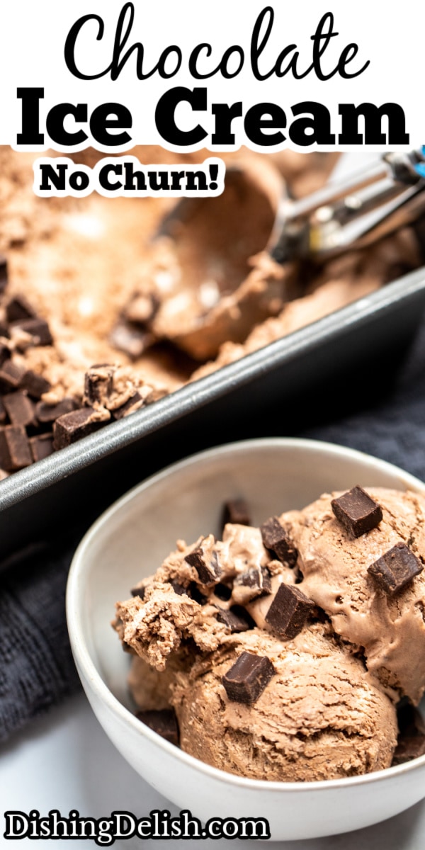 Pinterest pin with a bowl of chocolate ice cream topped with chocolate chunks in front of a pan of ice cream with an ice cream scoop.