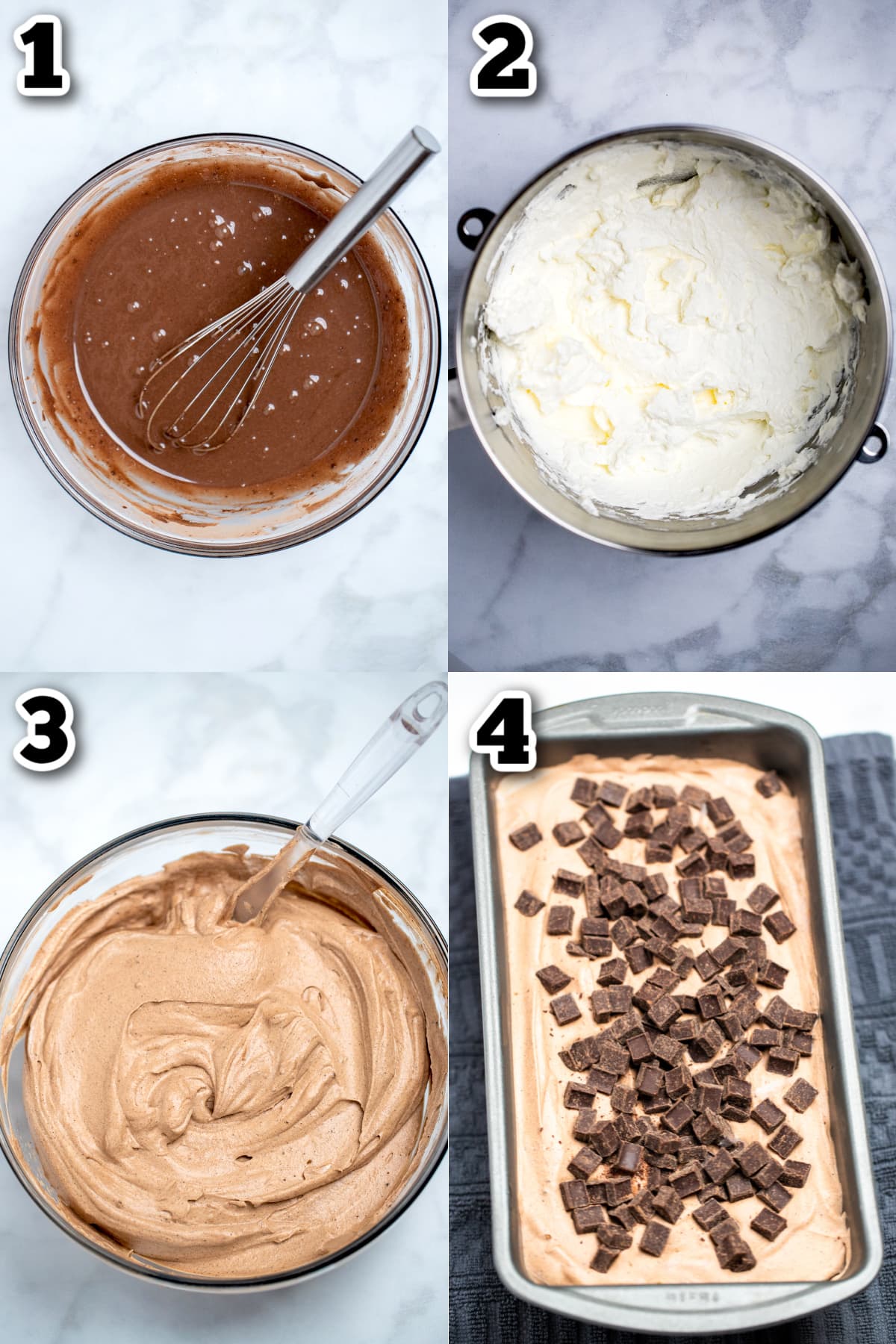 Step by step photos for how to make homemade chocolate ice cream.