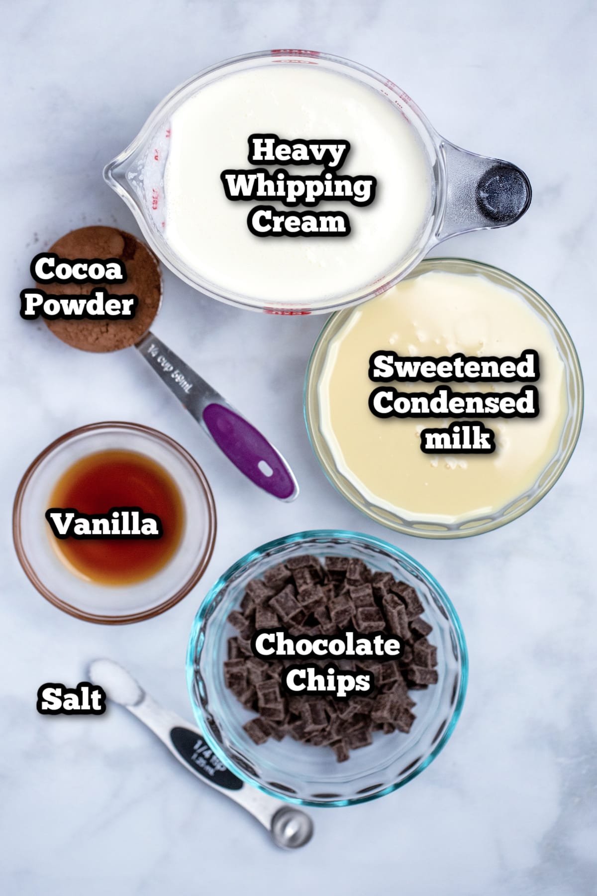 Individual ingredients for homemade chocolate ice cream.