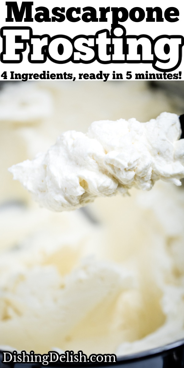 Pinterest pin with a spoonful of mascarpone frosting over a mixing bowl.