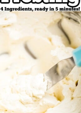 Pinterest pin with a spatula in a mixing bowl full of mascarpone frosting.