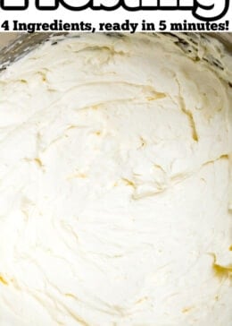 Pinterest pin with a mixing bowl full of mascarpone frosting.