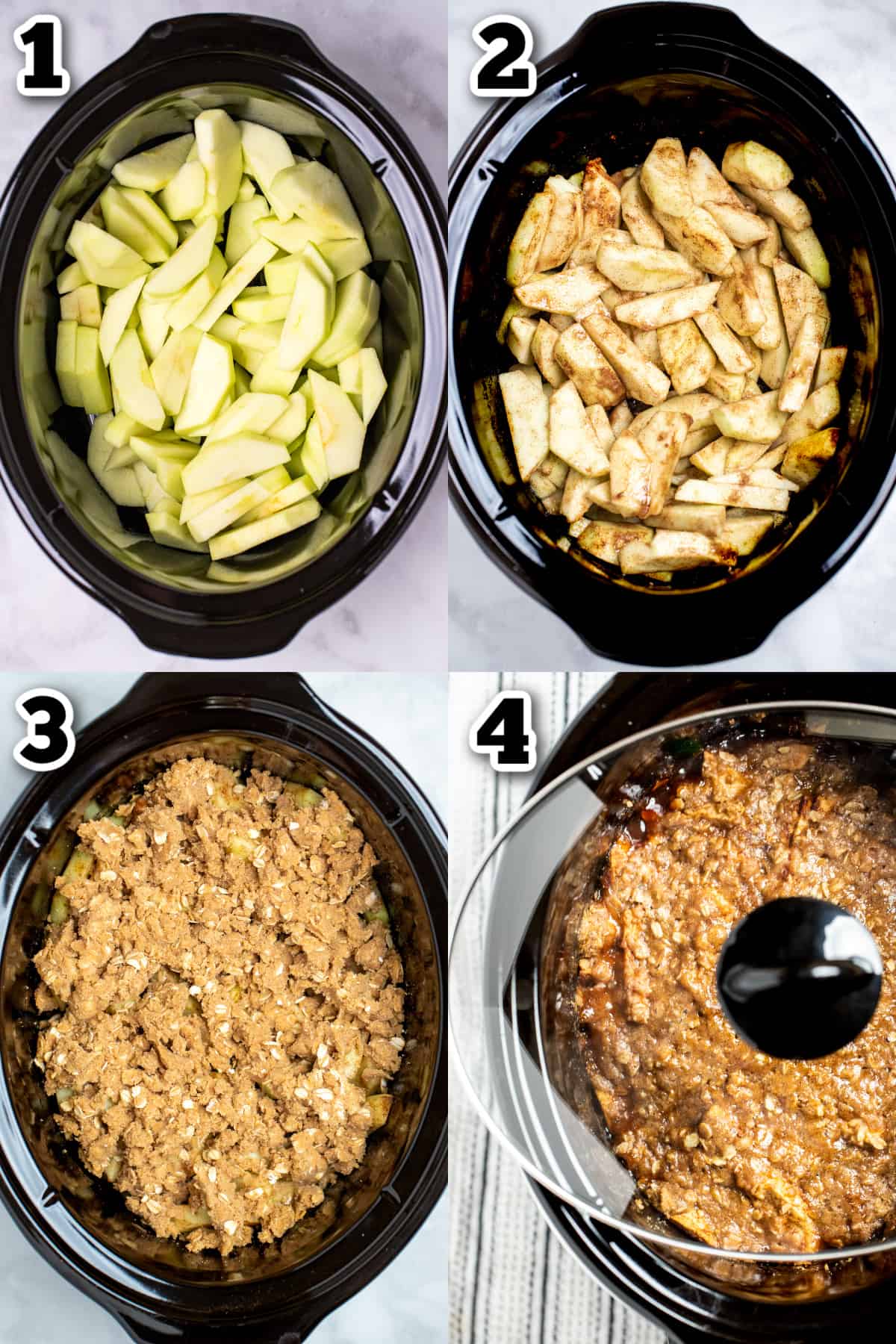 Step by step photos for how to make slow cooker apple crisp.