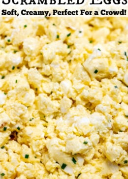 Pinterest pin with a baking dish full of scrambled eggs.