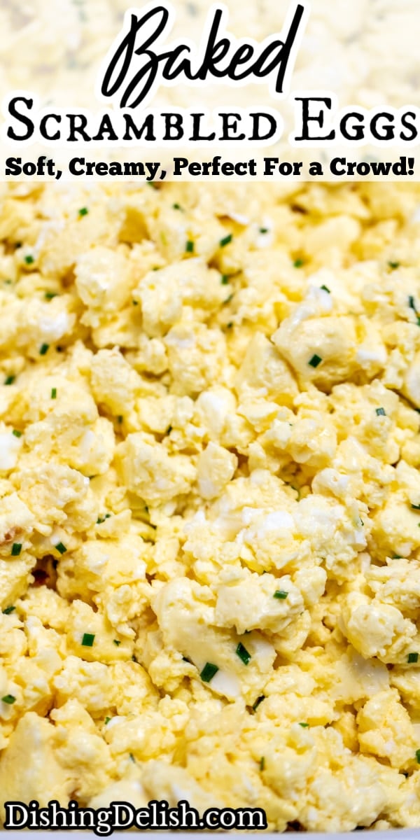 Pinterest pin with a baking dish full of scrambled eggs.