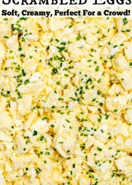 Pinterest pin with a baking dish full of scrambled eggs.