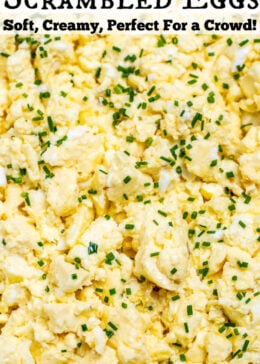 Pinterest pin with a baking dish full of scrambled eggs.