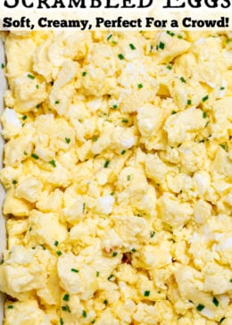 Pinterest pin with a baking dish full of scrambled eggs.