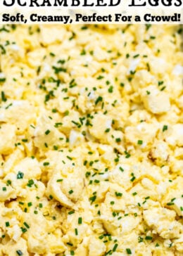 Pinterest pin with a baking dish full of scrambled eggs.