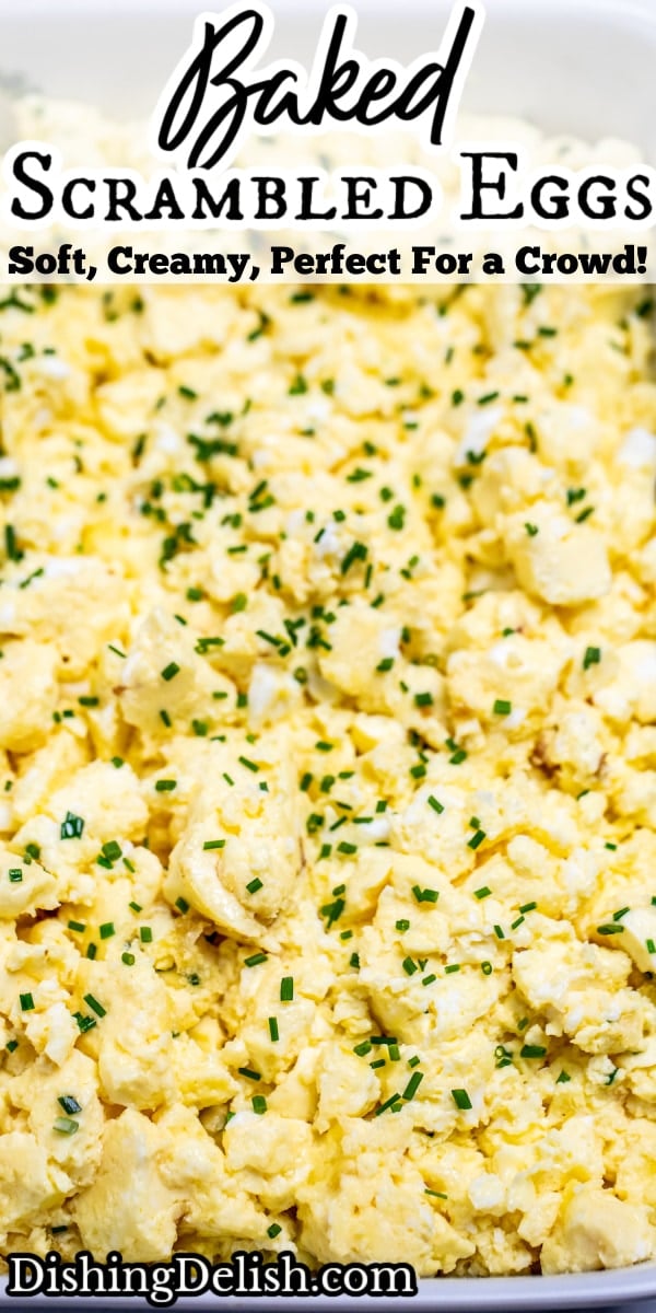 Pinterest pin with a baking dish full of scrambled eggs.