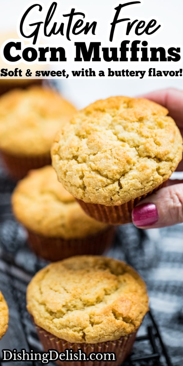 Pinterest pin with a hand holding a corn muffin above other corn muffins.