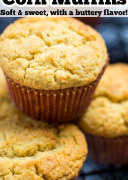 Pinterest pin with corn muffins stacked on top of each other.