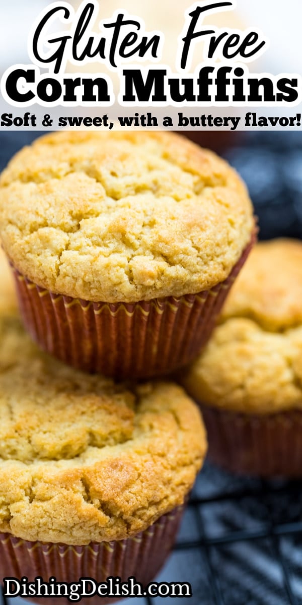 Pinterest pin with corn muffins stacked on top of each other.