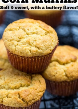 Pinterest pin with corn muffins stacked on top of each other.