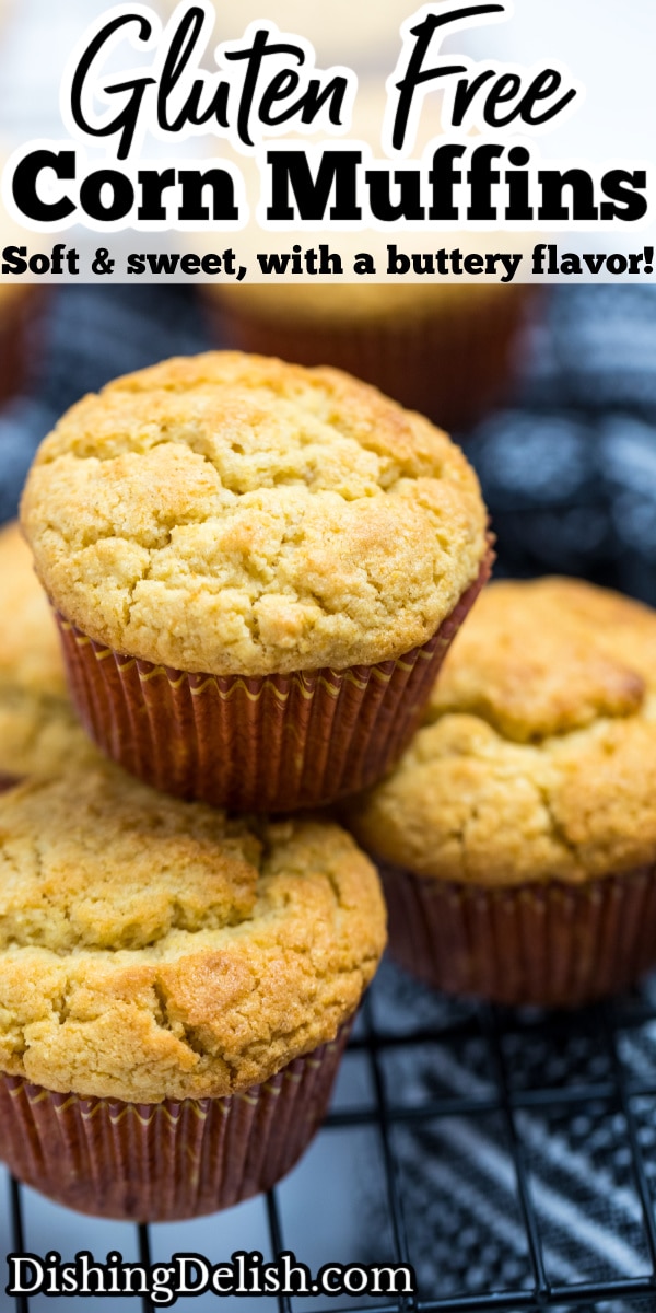 Pinterest pin with corn muffins stacked on top of each other.