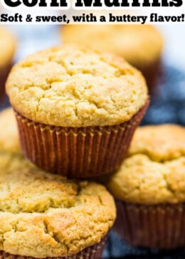 Pinterest pin with corn muffins stacked on top of each other.