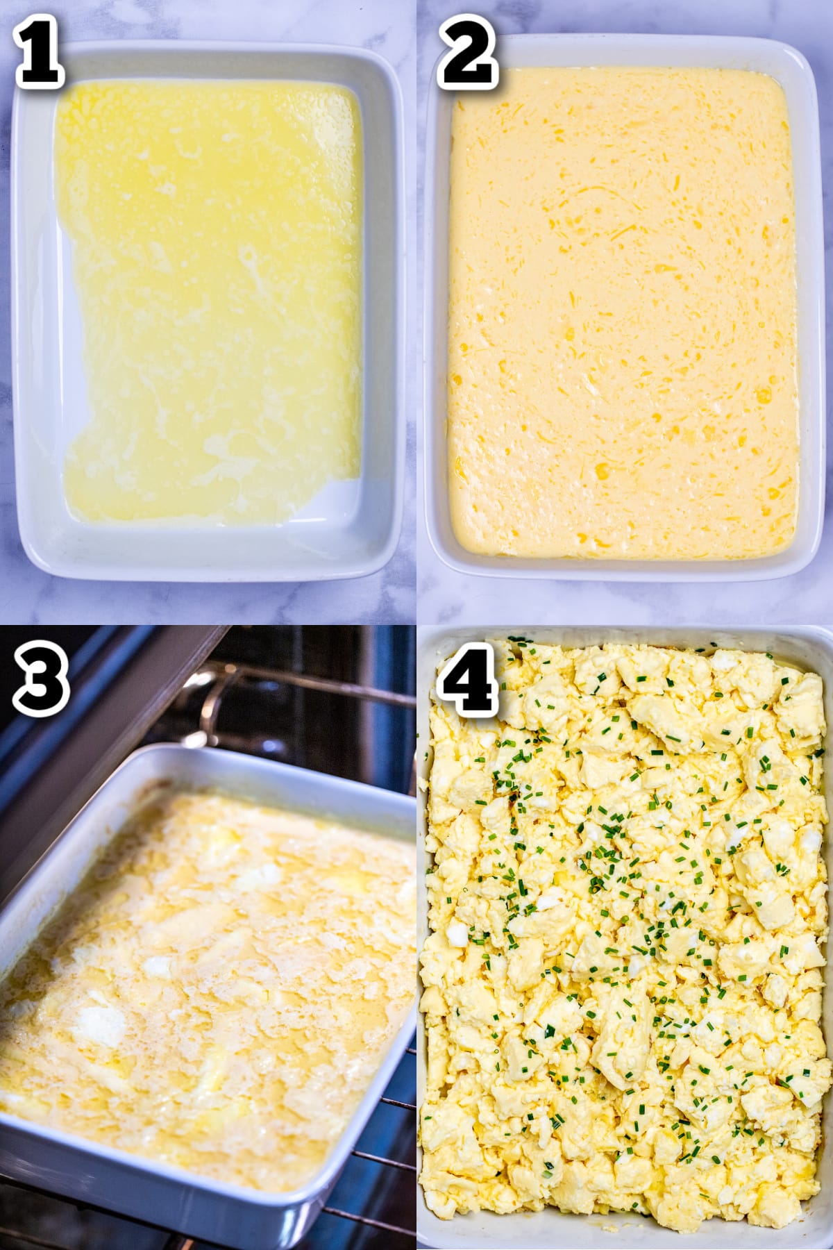 Step by step instructions for how to make baked scrambled eggs.