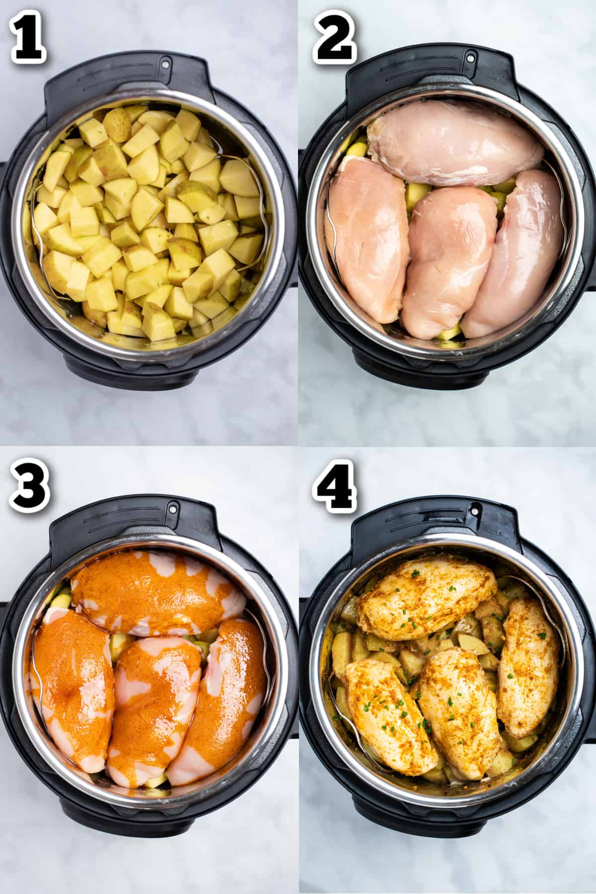 Step by step instructions for how to make instant pot chicken and potatoes.