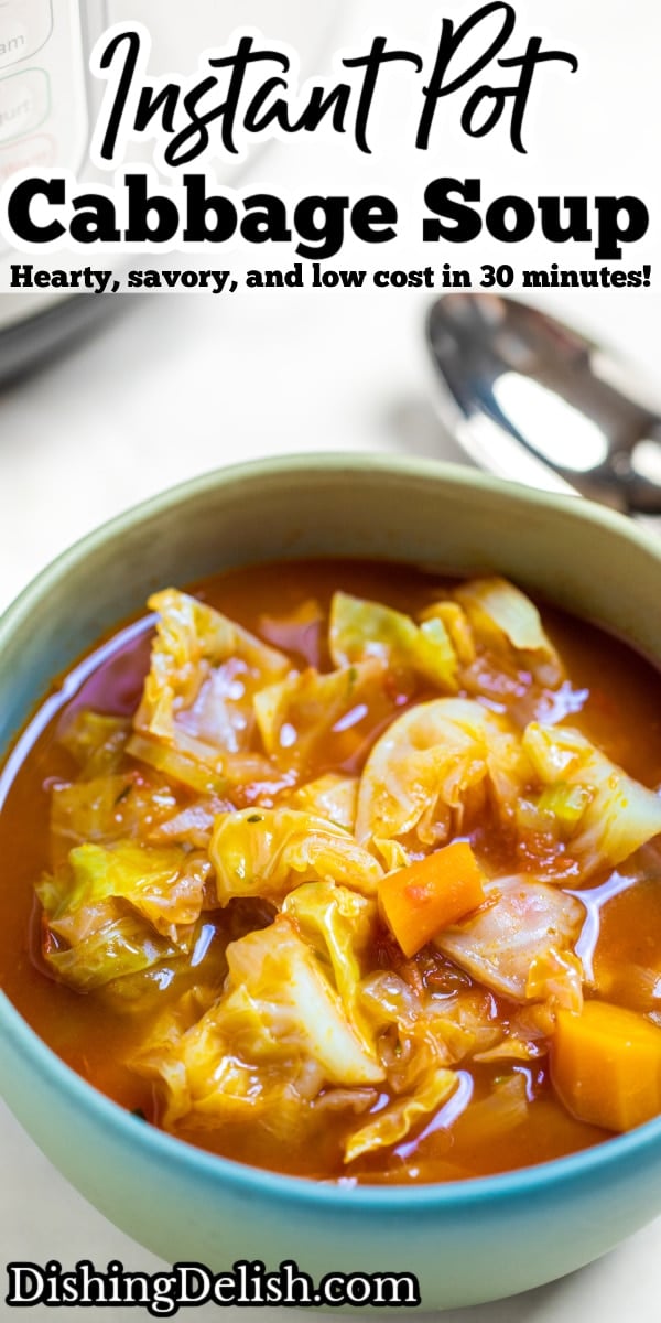 Pinterest pin with a bowl of cabbage soup next to a spoon.