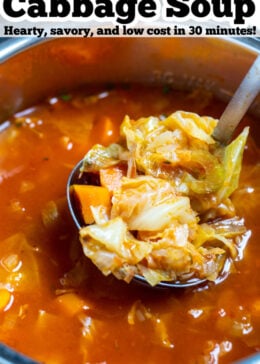 Pinterest pin with a ladle scooping cabbage soup out of an instant pot.