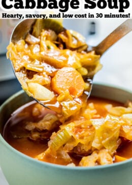 Pinterest pin with a ladle scooping cabbage soup into a bowl.