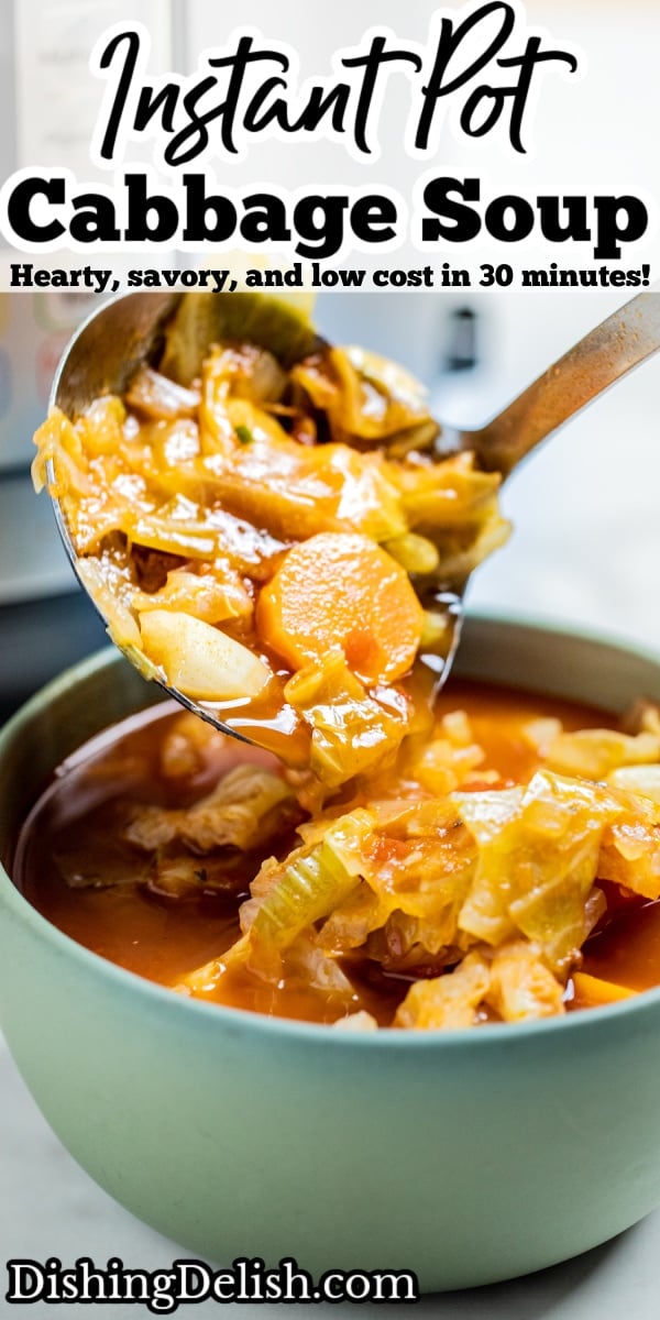 Pinterest pin with a ladle scooping cabbage soup into a bowl.