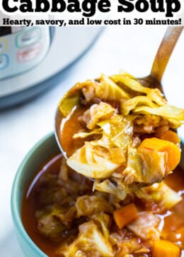 Pinterest pin with a ladle scooping cabbage soup into a bowl.
