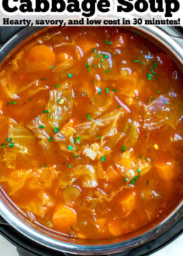 Pinterest pin with an instant pot full of cabbage soup.