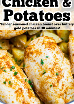 Pinterest pin with chicken breast on top of potatoes in an instant pot.