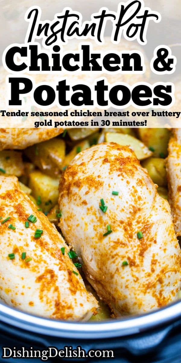 Pinterest pin with chicken breast on top of potatoes in an instant pot.