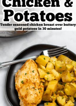 Pinterest pin with chicken breast and potatoes on a plate.