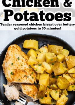 Pinterest pin with chicken breast and potatoes on a plate.